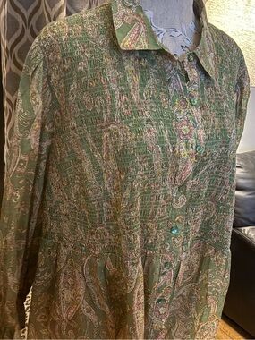 Cato Green Paisley Button-Up Shirt with Pink & Yellow Accents